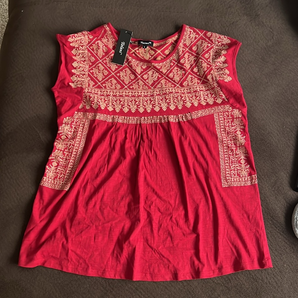 Tolani Red and Cream Embroidered Blouse